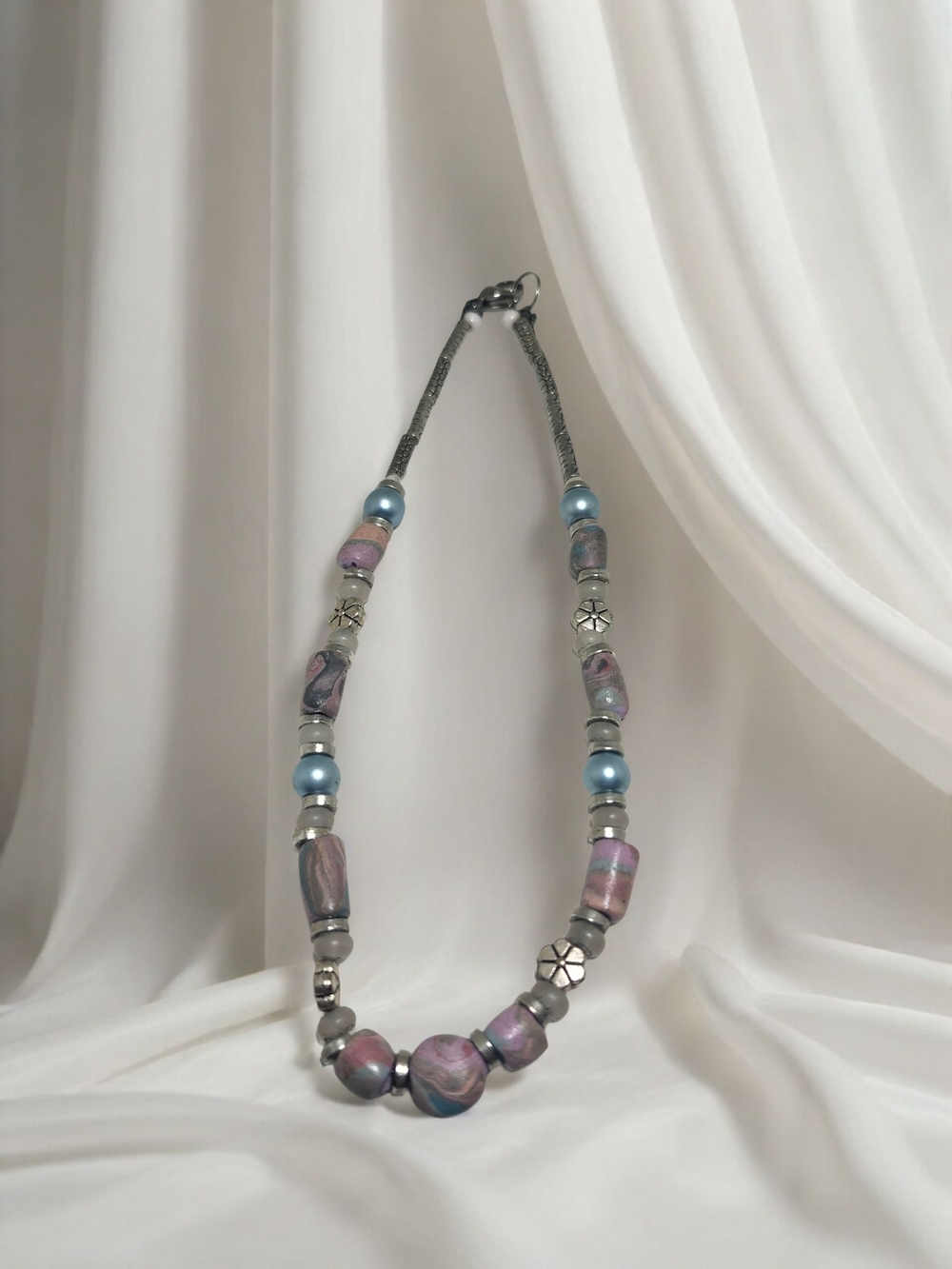 Handcrafted Pink and Blue Polymer Clay Beaded Necklace